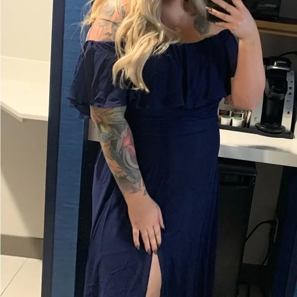 amazon dresses navy blue Beaded Navy Blue Satin Ruched Long Prom Dress – Ohmollydress main image 0
